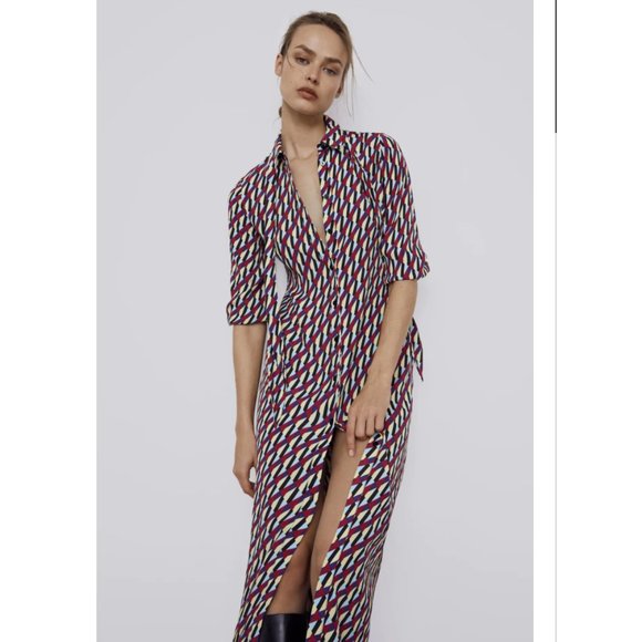 ZARA “The Sussy Dress” TIE NECK BUTTON DOWN PRINTED MIDI DRESS $69.90 - Picture 1 of 14